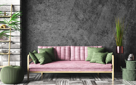 Interior design of modern living room with pink sofa over the black stucco concrete mockup wall with wooden panelling, home design 3d renderingの写真素材