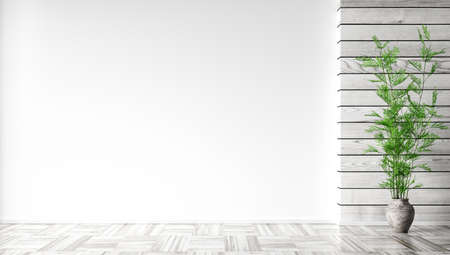 Empty room interior background, white mockup wall and gray wooden floor, wooden panelling, pot with plant 3d renderingの写真素材