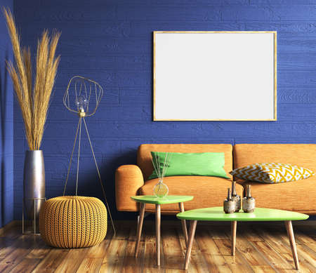 Interior design of modern living room with yellow sofa over the blue wall with mockup poster, home design 3d renderingの写真素材
