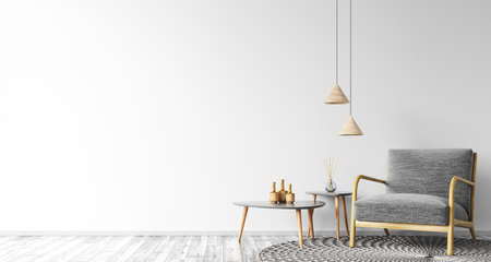 Interior of living room with coffee tables, lamp and gray armchair over the white wall mockup 3d renderingの写真素材