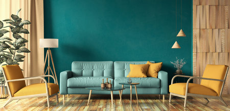 Interior design of modern apartment, turquoise sofa in contemporary living room, yellow armchairs, mock up wall and wooden panelling, home design. 3d renderingの写真素材