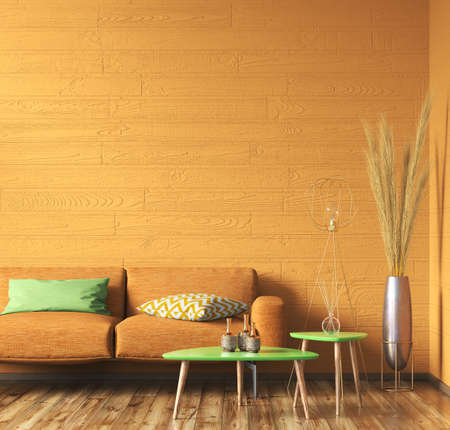 Interior design of modern colorful, vibrant living room with orange sofa and green coffee tables over the mockup wall, home design, 3d renderingの写真素材