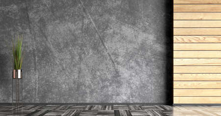 Empty room interior background, wooden boards paneling and black concrete stucco mockup wall, wooden flooring, pot with grass. Copy space. 3d renderingの写真素材