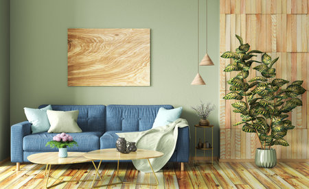 Interior design of modern apartment, blue sofa in contemporary living room, wooden poster on the...