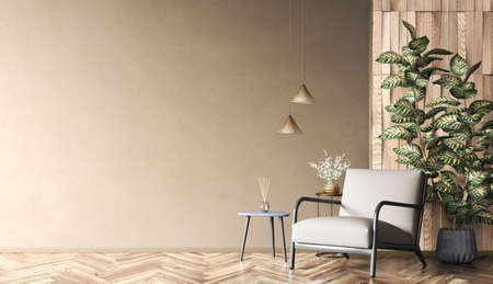 Interior of living room with coffee table, plant and gray armchair over the beige mock up wall with copy space 3d renderingの写真素材