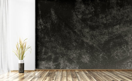 Empty room interior background, black stucco or concrete mock up wall. Wooden flooring. Decorative vase with grass. Home mock up design. 3d renderingの写真素材