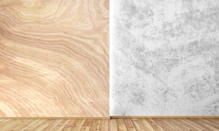 Empty room interior background, white gray stucco or concrete mock up wall. Natural wooden paneling wall. Wooden flooring. Wooden and concrete texture. Home mock up design. 3d renderingの写真素材