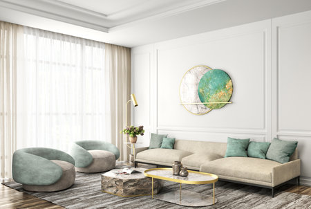Modern interior design of apartment, living room with beige sofa, marble coffee tables and armchairs, big window, 3d renderingの写真素材