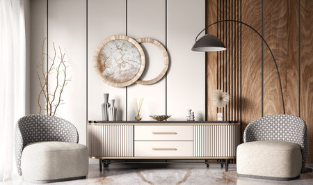 Interior of modern living room with beige sideboard over wooden paneling wall. Contemporary room...