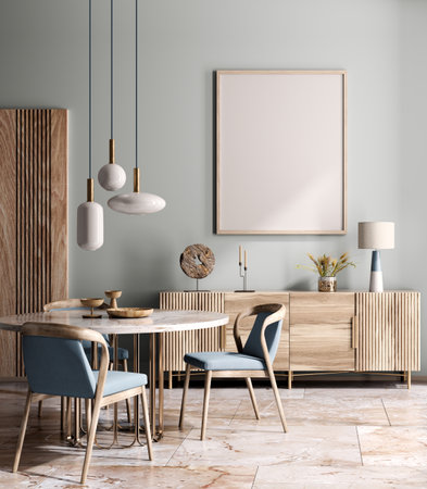 Interior design of modern dining room or living room, marble table and chairs. Wooden sideboard over blue wall. Home interior with pendant light. 3d renderingの写真素材