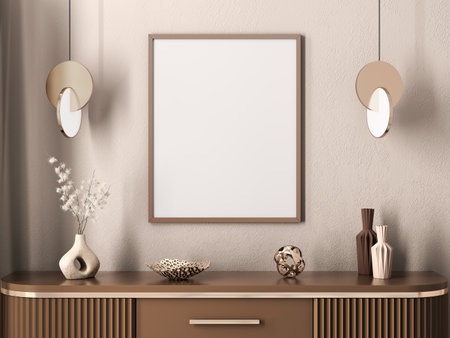 Interior of modern living room with sideboard and empty frame over beige wall. Contemporary room with dresser. Home design with mock up poster. Pendant lights, art deco interior style. 3d renderingの写真素材