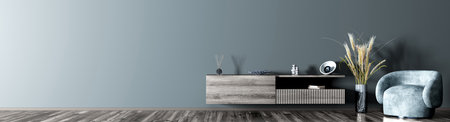 Interior of modern living room with gray wooden sideboard over blue wall. Contemporary room with armchair. Home design. Wall with copy space. Panorama. 3d renderingの写真素材