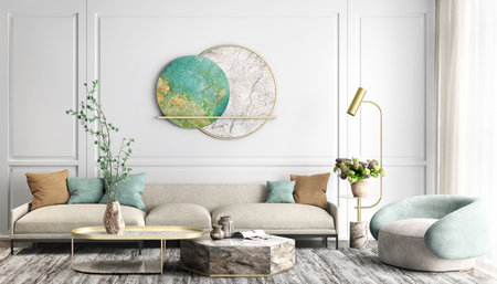 Modern interior design of apartment, living room with beige sofa, marble coffee tables and armchair, big window, 3d renderingの写真素材