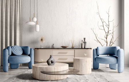 Interior of modern living room with beige sideboard over white stucco wall. Contemporary room with dresser and coffee tables and blue armchairs. Home design. 3d renderingの写真素材