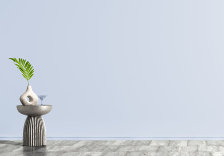 Interior background of room with blue wall and vase with palm leaf on decorative accent table. Empty wall and marble tiled flooring. Modern home decor. 3d renderingの写真素材