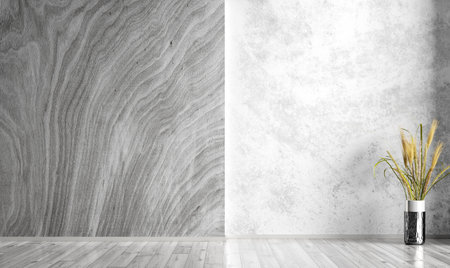 Empty room interior background, white gray stucco or concrete mock up wall. Natural wooden paneling wall. Wooden flooring. Decorative vase with grass. Home mock up design. 3d renderingの写真素材