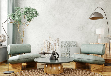 Interior of modern living room with black floor lamps, wooden coffee table and two green armchairs over the stucco wall. Home design. 3d renderingの写真素材