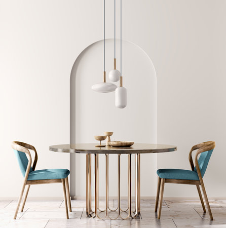 Interior design with marble round table and blue chairs. Modern dining room with beige wall. Cafe, bar or restaurant interior design. Home interior with pendant light. 3d renderingの写真素材