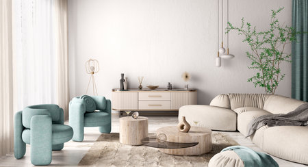Modern interior design of cozy apartment, living room with beige sofa, turquoise armchairs. Room with window. Home design.3d renderingの写真素材