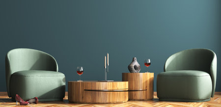 Interior of living room with green leather armchairs and wooden coffee tables over dark blue wall. Wine glass on the accent table and red heels on the floor. 3d renderingの写真素材