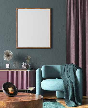 Interior of living room with coffee table and blue armchair, mock up poster frame on the wall. Home design. 3d renderingの写真素材