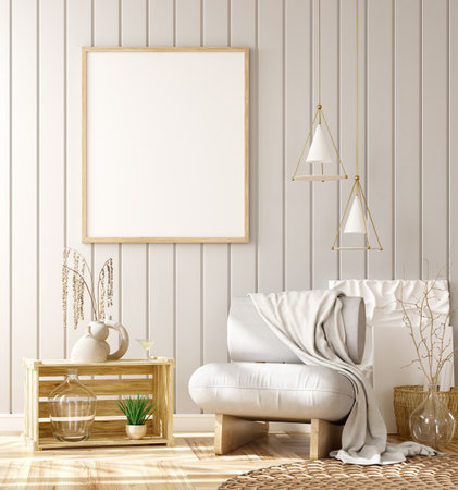 Interior design of living room with white armchair over the gray planks paneling wall. Farmhouse style. Empty poster frame on the wall. Home design. 3d renderingの写真素材
