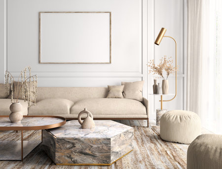 Modern interior design of apartment, living room with beige sofa, marble coffee tables. Empty poster on the wall. 3d renderingの写真素材