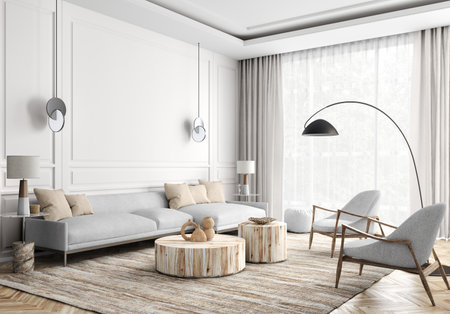 Modern interior design of cozy apartment, living room with white sofa, armchairs. Room with white paneling wall and big window with curtain, wooden coffee tables. 3d renderingの写真素材