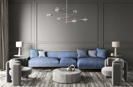 Modern interior design of cozy apartment, living room with blue sofa, gray armchairs. Room with black wall. Contemporary home design. 3d renderingの写真素材