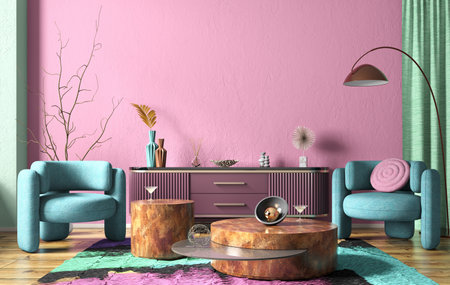 Interior of modern living room with purple sideboard over pink stucco wall. Contemporary room with dresser and coffee tables and blue armchairs. Home design. 3d renderingの写真素材
