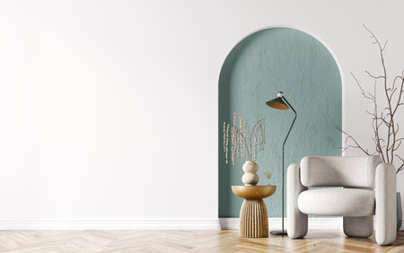 Interior of modern living room with brass coffee table and white armchair, empty wall and turquoise arch. Floor lamp in home design. 3d renderingの写真素材