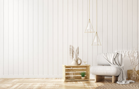 Interior of living room with pendant lights, white armchair with plaid over the white planks paneling wall. Farmhouse style. Home design. 3d renderingの写真素材
