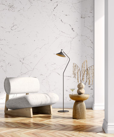 Interior of modern living room with brass coffee table and white armchair, empty marble wall. Room with column. Home design. 3d renderingの写真素材