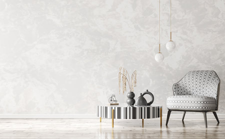 Interior of modern living room with striped accent coffee table and classical patterned armchair, empty stucco wall. Home design. 3d renderingの写真素材