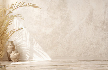 Empty room interior background, blank beige stucco wall, vases and palm leaf,  3d renderingの写真素材
