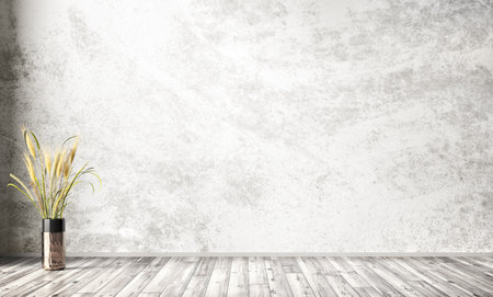 Empty room interior background, white gray stucco or concrete mock up wall. Wooden flooring. Decorative vase with grass. Home mock up design. 3d renderingの写真素材