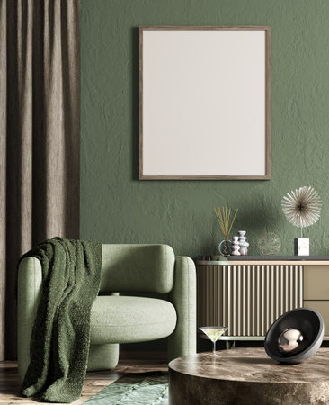 Interior design of living room with coffee table and green armchair, mock up poster frame on the wall. Home design. 3d renderingの写真素材