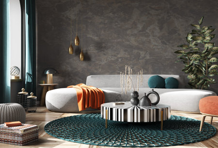Modern art deco interior design of apartment, living room with gray sofa over the dark wall. Accent...