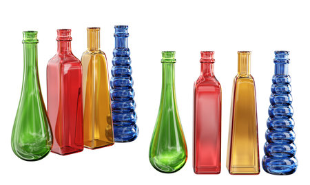 Home decor and accents. Vibrant, multicolored glass bottles set. Home decorative accessories. Isolated interior colorful objects over white. 3d renderingの写真素材