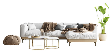 Modern furniture set. Isolated white sofa with plaid and pillows, coffee table and pot with plant. Home decor and accents. Isolated interior objects. 3d renderingの写真素材