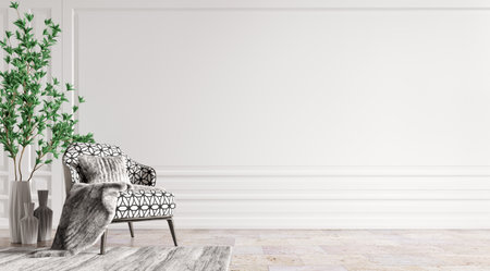 Interior of modern living room with classical patterned armchair, empty panelling wall. Home design. 3d renderingの写真素材