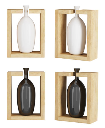 White and black ceramic or porcelain floor on table vase in wooden frame. Modern home decor and accents. Home decorative accessories. Isolated interior object. 3d renderingの写真素材