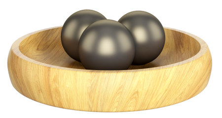 Decorative wooden round tray with black metal balls. Home decor and accents. Home decorative accessories. Isolated interior object. 3d renderingの写真素材