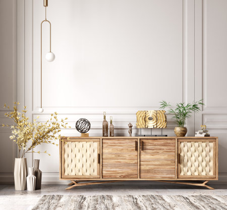 Interior of modern living room with wooden dresser. Home design with empty paneling wall and rug. 3d renderingの写真素材