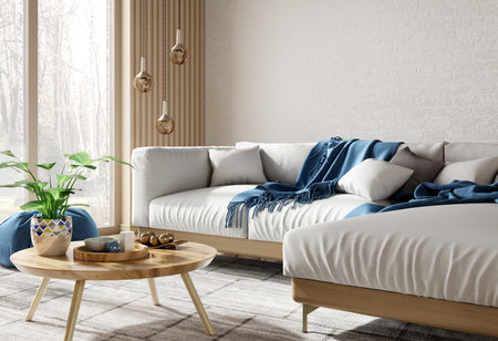 Modern interior design of scandinavian apartment, living room with white corner sofa over the brick wall. Home interior with big window. 3d renderingの写真素材