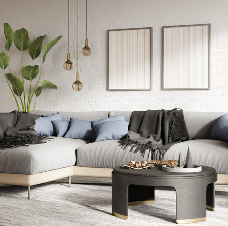 Interior design of modern living room with gray corner sofa over the white brick wall with mock up frames. Home interior with coffee table. 3d renderingの写真素材