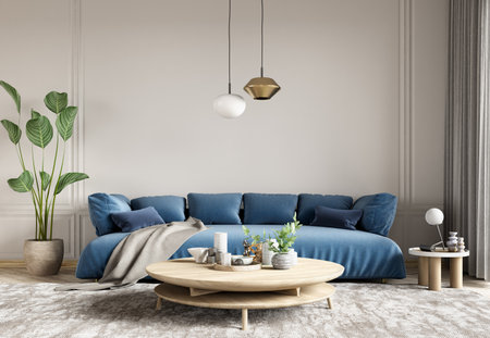 Modern interior design of apartment, living room with blue sofa and wooden coffee table. Home interior with rug. 3d renderingの写真素材