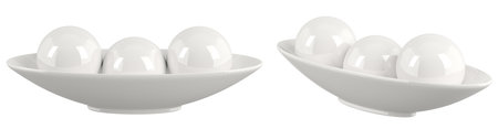 Set of decorative white bowl with three ceramic balls. Kitchen utensils. Home decor and accents. Home decorative accessories. Isolated interior object. 3d renderingの写真素材