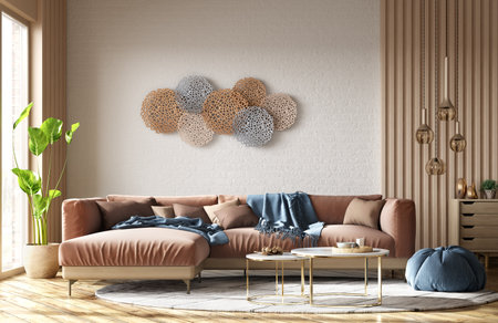 Modern interior design of scandinavian apartment, living room with terracota sofa over the brick wall. Home interior. 3d renderingの写真素材