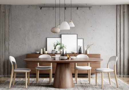 Interior of modern dining room, wooden table and chairs against concrete wall with sideboard, 3d renderingの写真素材